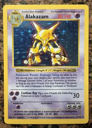 Alakazam Shadowless 1999 Pokemon Base Set Holo 1/102 Near Mint Vintage WOTC Rare