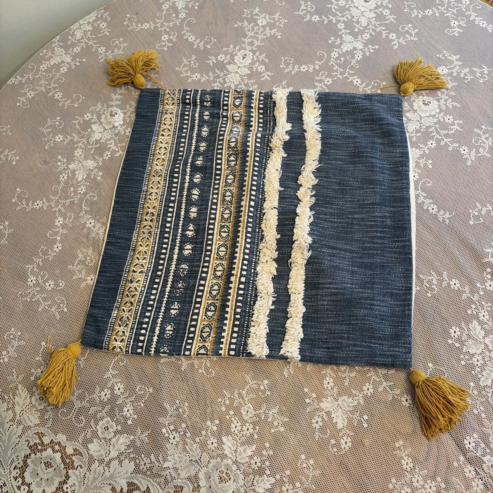 Decorative Throw Pillow Cover - 100% Cotton, Boho Tribal Pattern with Tassels