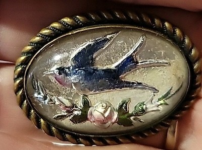 Antique Victorian Mourning Brooch  Goofus Glass  Swallow And Rose