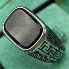 ANELLO PIETRA NERA UOMO CENTRALE IN ACCIAIO INOSSIDABILE COLORE ARGENTO M.22 ITA