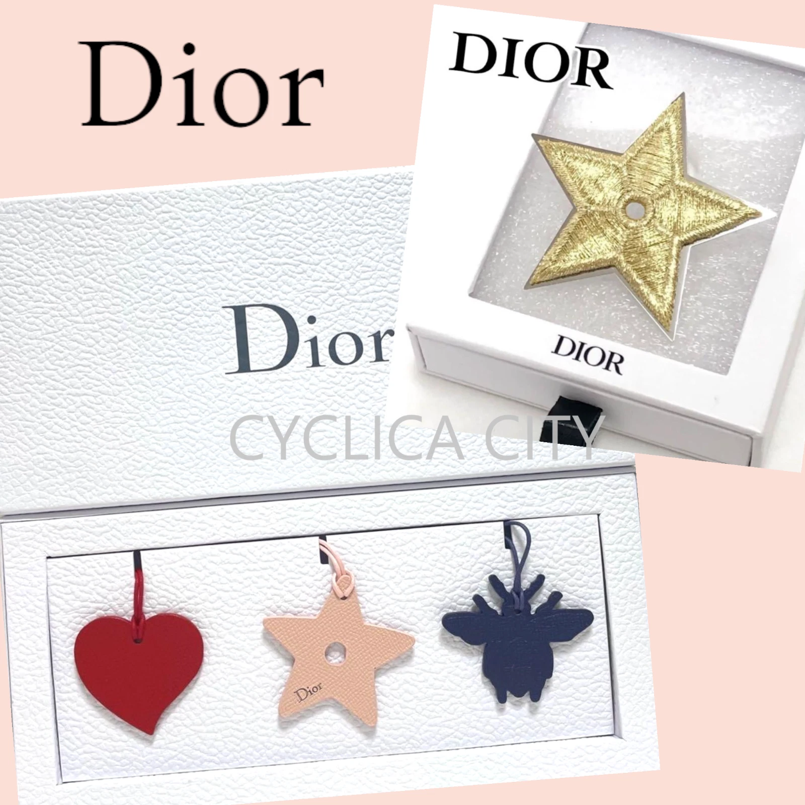 Christian Dior & Star Spilla Distintivo Borsa Oro & Pelle Ciondoli 3 pz Portachiavi