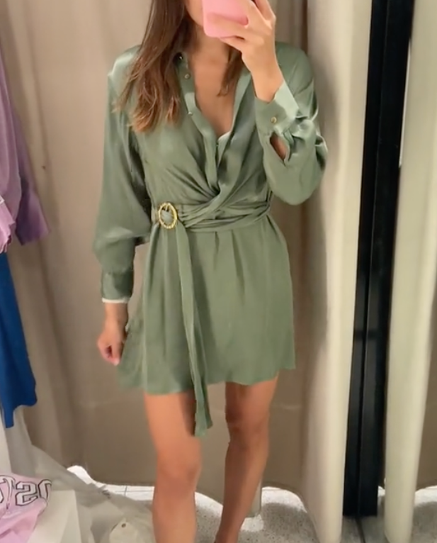 Zara Khaki Green Satin Belted Mini Shirt Dress Size XS New Tags
