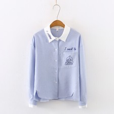Damen Mädchen Kariert Bluse Baumwollhemd French Lang Manschette Preppy Süß Kawai