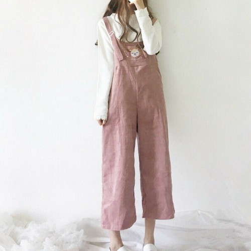 Donna Velluto a Coste Pantaloni Tuta Salopette Larga Gamba Larga Ricamo |  eBay
