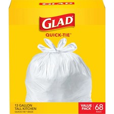 Glad Tall Kitchen Trash Bags 13 Gallon Unscented Garbage Bags Quick-Tie 68 Count
