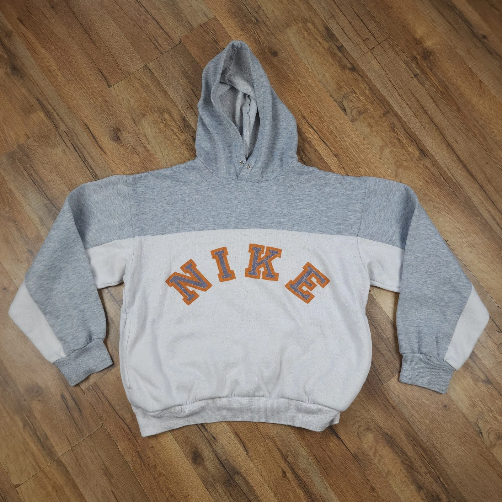 Vintage Nike Hoodie Mens Small Gray White Colorblock Fleece Arch Spell Out 90s