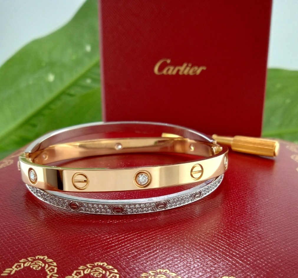 CARTIER DOUBLE LOVE BRACELET DIAMOND PAVE 18K RG&WG SIZE 17 W