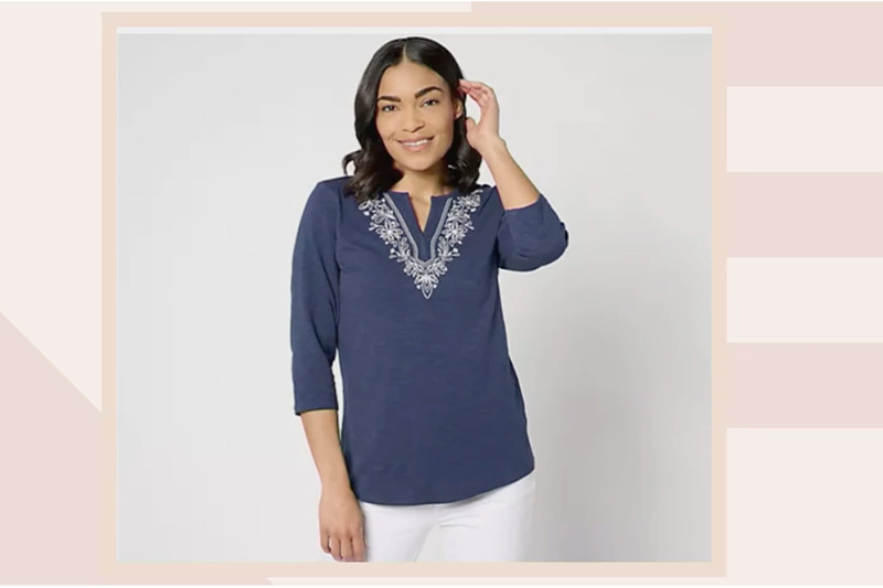 Denim & Co. L Navy Texture Knit Split V-Neck 3/4 Sleeve Top A650491