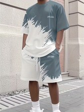 Men'S Fashion Casual Color-Block Print Short Sleeve Shorts Set  Crew Neck, Regu