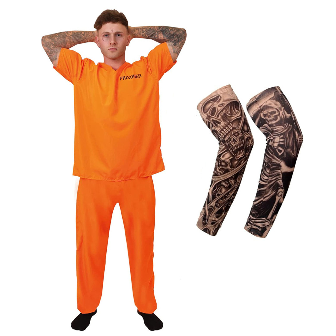 DISFRAZ DE PRISIONERO ADULTO CONVICTO DISFRAZ NARANJA TRAJE TATUAJE MANGAS HALLOWEEN