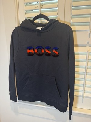 BOSS Kids Pullover Hoodie Black Print Logo Fleece Size 16 Year