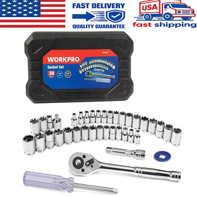 #ad WORKPRO 39 Pcs Drive Socket Wrench Set Repairing Mechanic Tool Set with Tool Box $25.99
