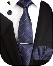 Plaid Men'S Tie Silk Necktie and Pocket Square Cufflink Tie Clip Set Checkered