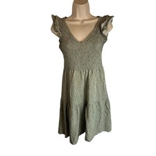 LOFT Ann Taylor Petite Smocked Dress XSP Green Ruffle Sleeve Cottagecore