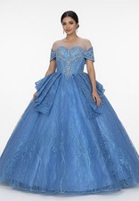 PRINCESS QUINCEAÑERA SWEET 16 SKY BLUE OFF SHOULDER RUFFLE BEADED WEDDING DRESS