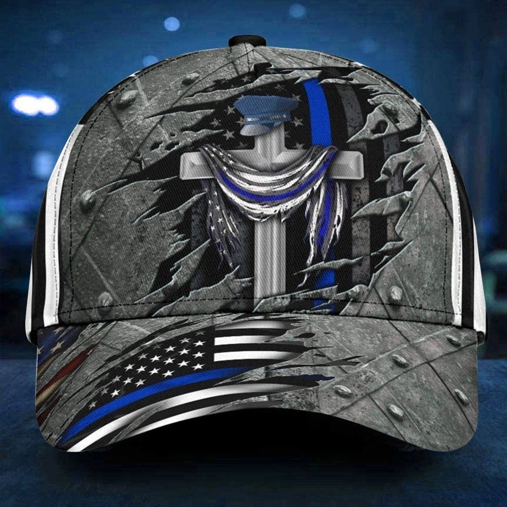 Thin Blue Line Christian Cross Baseball Cap Police Officer Faith Hat Unisex