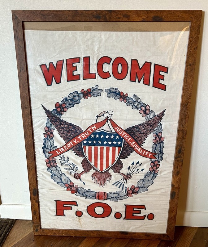 Antique Colorful F.O.E Welcome Sign On Fabric Wooden Burl Frame Original Finish