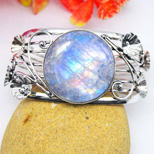 Fire Moonstone Gemstone 925 Sterling Silver Jewelry Cuff Bracelet Adjustable"
