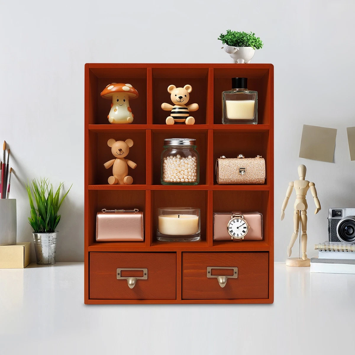 9 Cube Vintage Storage Organizer Cubbies Wood Look Shelf Brown