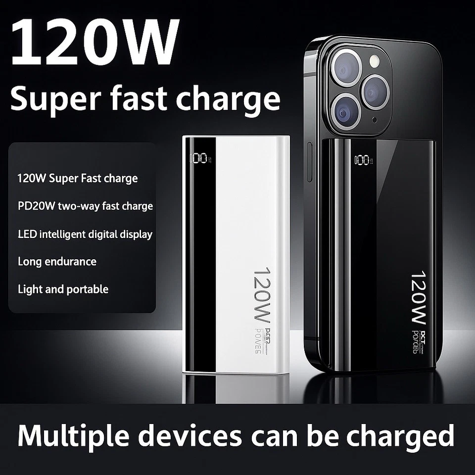 Power Bank 120W 50000mAh Super Fast Charge Display LED PD20W Universale USB-C XL - Imagen 4 de 4