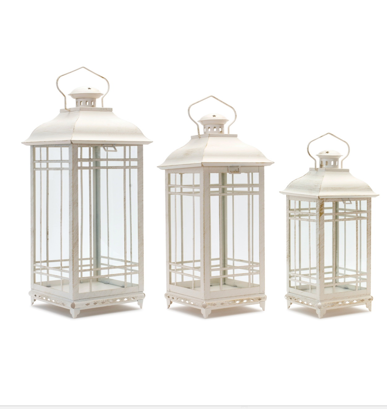 Traditional Ivory Metal and Glass Lantern (Set of 3) Candleholders