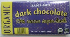 TRADER JOE'S ORGANIC 73% CACAO SUPER DARK CHOCOLATE 3.5-OZ BAR