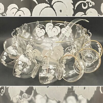Anchor Hocking White Grape Leaves Punch Bowl 26pc Set c1950s Made in USA 10''dia