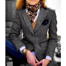 Women's Wool Blend Spring Suit Herringbone Vintage Style Casual Cute Blazer Top