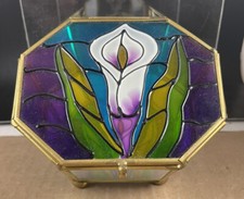 Vintage Brass Stain Glass Lily White Hexagon Trinket Jewelry Box Vanity Dresser