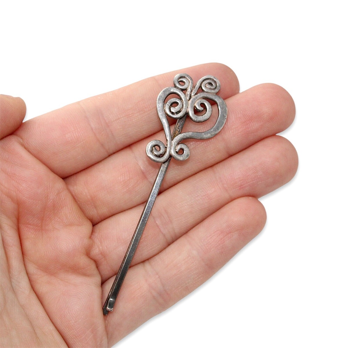 Vintage Sterling Silver Hair Pin Heart with Swirl Scroll Filigree Bobby Hairpin Pair of Sterling Silver Bobby Pins — Pamela M. Clifton main image 3