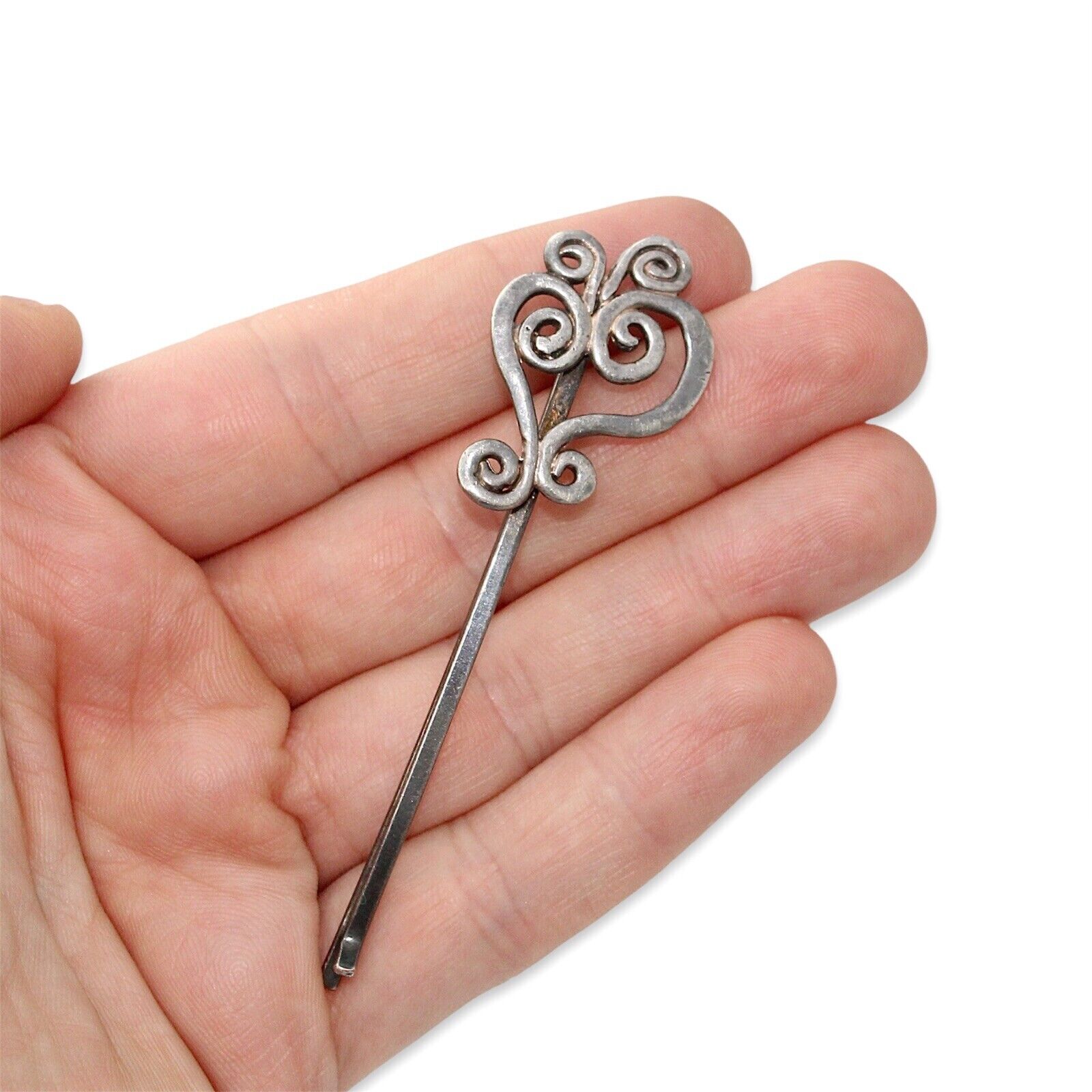 Vintage Sterling Silver Hair Pin Heart with Swirl… - image 4
