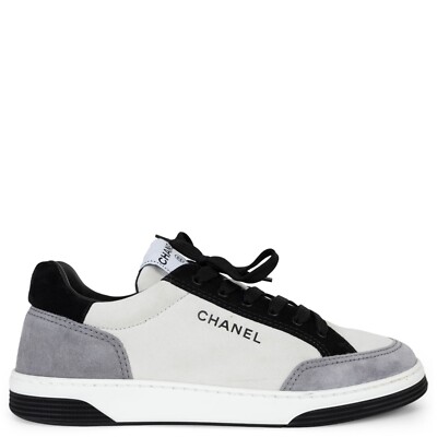 71728 auth CHANEL white grey black suede 24S LOW TOP