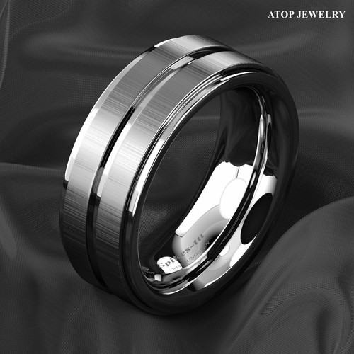 8mm Silver Tungsten Carbide Ring Two Vertical Brushed Meteorite Wedding Band - 第 6/9 張圖片