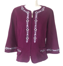 Bob Mackie Wearable Art Purple Embroidered Beaded Zip Up 3/4 Sleeve Jacket M.