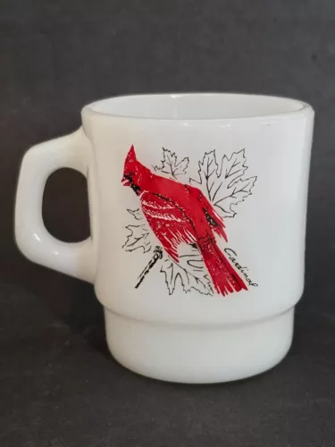 Vintage Fire King Red Cardinal Milk Glass Coffee Mug Anchor Hocking U.S.A.