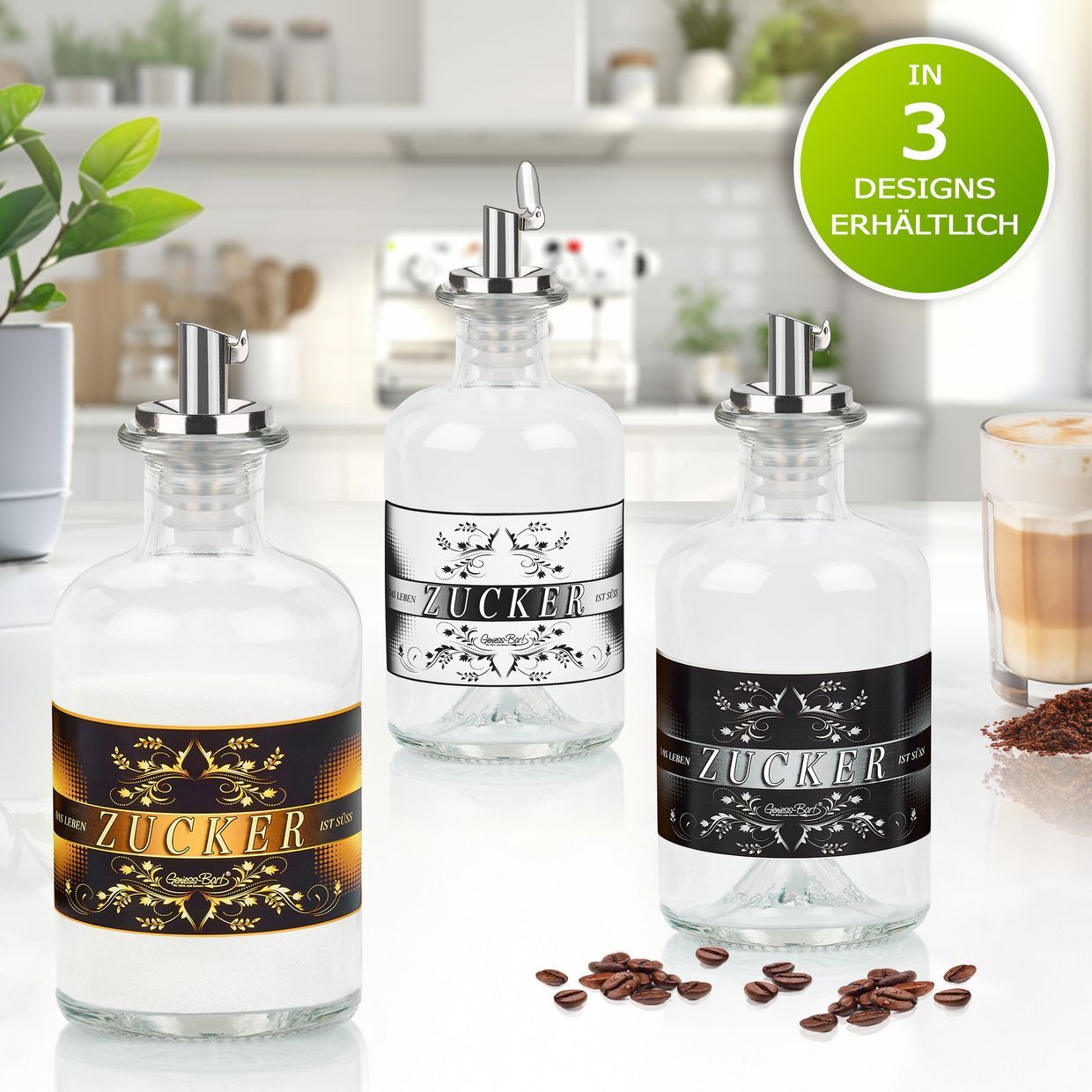 Zuckerstreuer aus Glas ZUCKER mit Geschenkbox Zucker & Edelstahl Ausgiesser