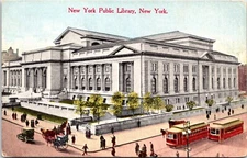 Postcard Public Library Building Birds Eye Trolleys Horse NYC New York B151