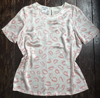 Vintage 80er ESCADA MARGARETHA LEY creme rosa SEIDE LIPPENSTIFT Print T-Shirt Bluse S M
