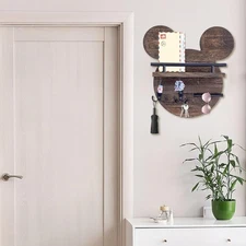 Disn Key Holder for Wall–Mouse Wooden Organizer Wall Mount with Shelf and 6 H...
