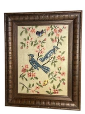 VTG Blue Jay Petit Point Needlepoint Framed Bird Art 17x20 Wall Decor Floral