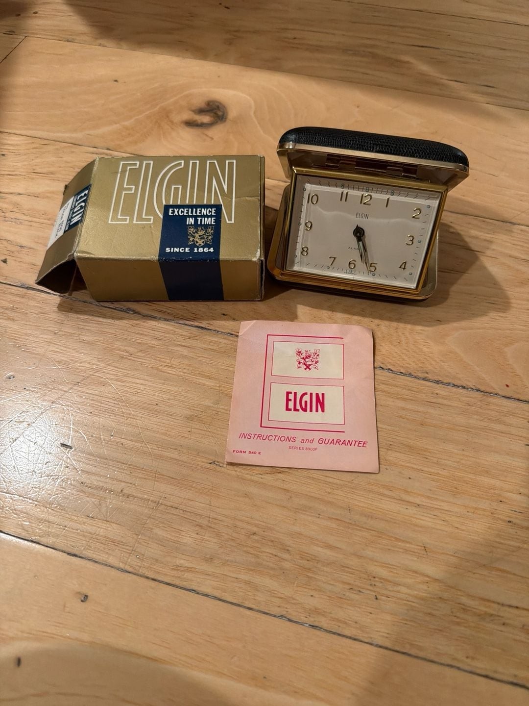 Vintage Elgin Luminous Travel Alarm Clock No. 8930 with Original Box and Manual photo Vintage Elgin Luminous Travel Alarm Clock No. 8930 with Original Box and Manual featured image