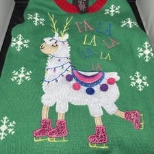 Ice Skating LLAMA w Snowflakes & Christmas Lights Ugly Sweater, Girls Medium