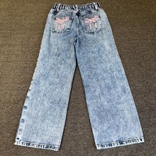 Coquette Girls Jeans 11Y Blue Denim Light Wash Pink Ribbon Pockets Streetwear