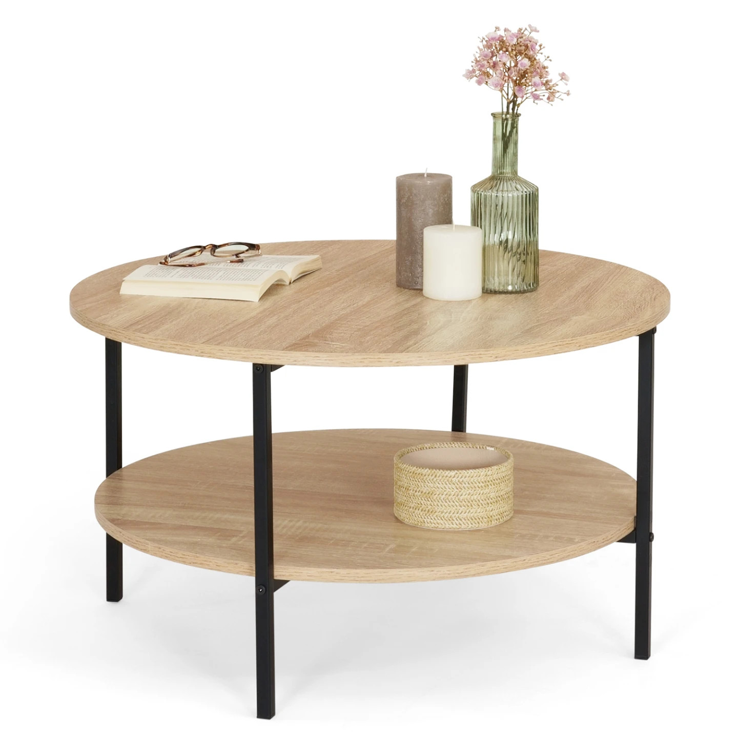 Table basse ronde 70 cm DETROIT en bois et métal noir style industriel