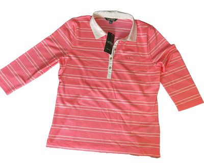 Lauren Ralph Lauren Active 3/4 Sleeve Striped Top~Bright Pink/White~Large~NEW