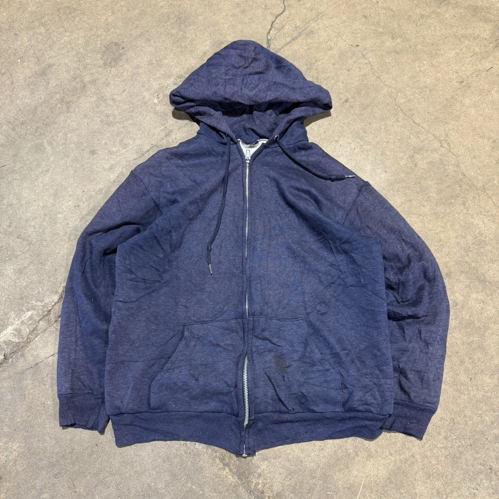 True Vintage Thermal Lined Hoodie XS Blue Mens 90s Full Zip Sun Faded Thrashed