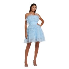 Mac Duggal 20529 Blue Feathered Strapless Tulle Fit and Flare Dress Size 4