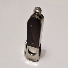 Vintage folding Metal Cigar Cutter with Wood Inlay Handle and Keyring Loop