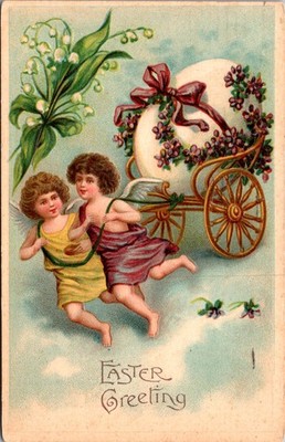 Antique Easter Angels Egg Cart Lily of the Valley Postcard 1907