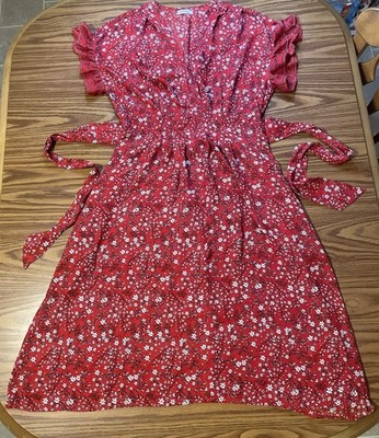 Max Studio Womens Red Floral Peasant BohemianSheer Ruffle Knee Length Dress Sz L